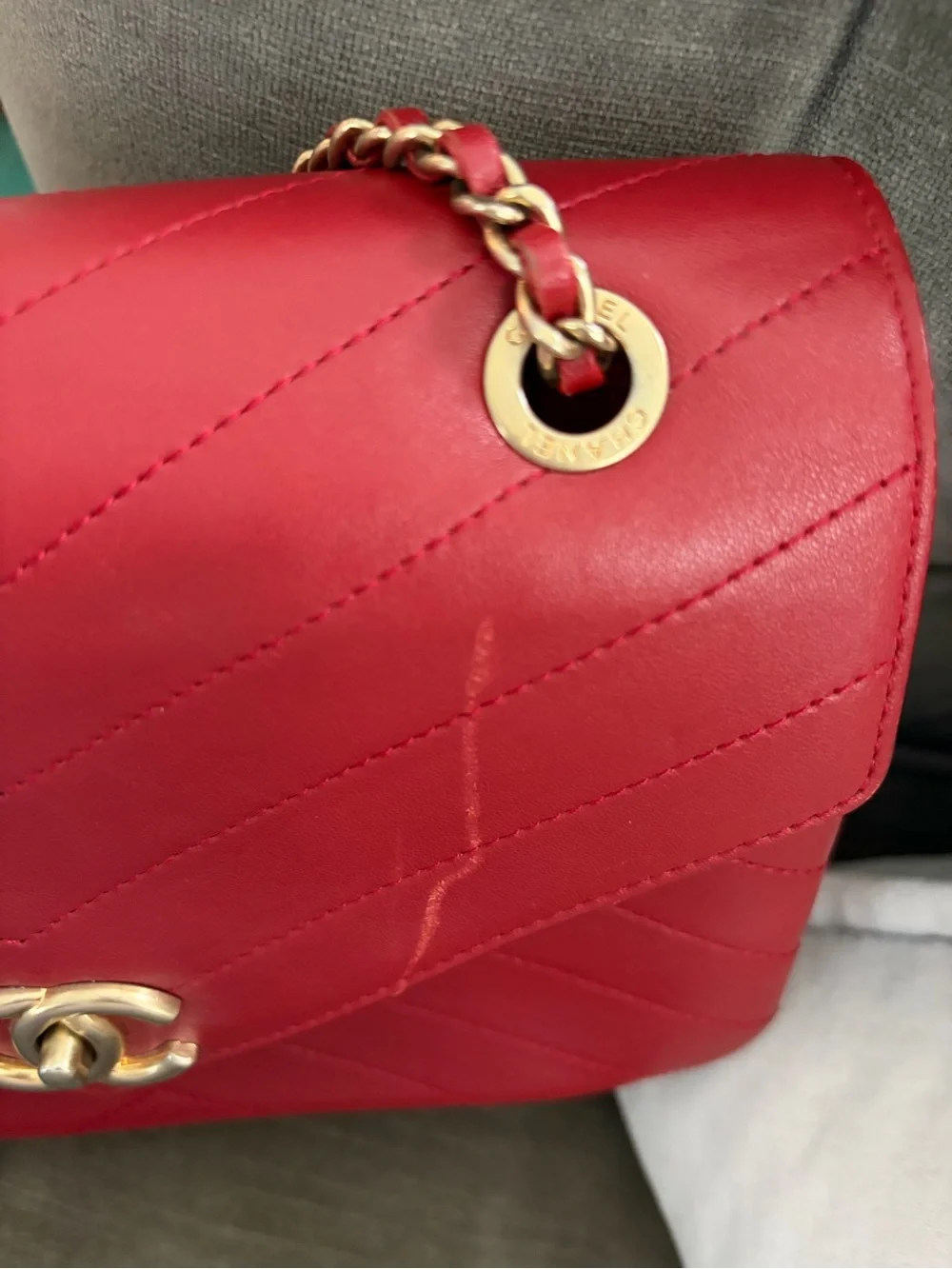 CHANEL Red Chevron Envelope Crossbody Bag with Gold Hardware